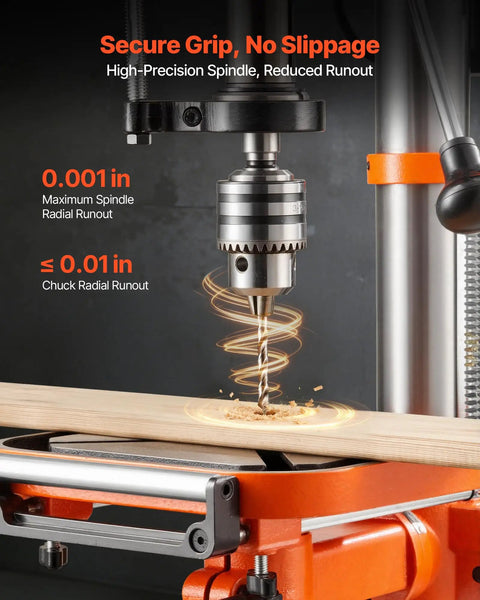Close-up of drill bit on Heavy Duty 12 Inch Benchtop Drill Press With 1 HP Motor drilling wood with secure grip and high precision.