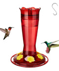 Outdoor 10 Oz Hummingbird Feeder With Ant Moat And Bee Proof Ports, red glass feeder with attached hook, two hummingbirds feeding