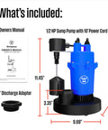 Half Horsepower Submersible Sump Pump With Automatic Vertical Float Switch Built For Basement and Crawl Space Flood Defense Draining Up To 4100 Gallons Per Hour With A 28 Foot Lift Heavy Duty Water Removal For Storms Leaks And Basement Floods shown with owner's manual and discharge adapter.