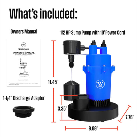 Half Horsepower Submersible Sump Pump With Automatic Vertical Float Switch Built For Basement and Crawl Space Flood Defense Draining Up To 4100 Gallons Per Hour With A 28 Foot Lift Heavy Duty Water Removal For Storms Leaks And Basement Floods shown with owner's manual and discharge adapter.