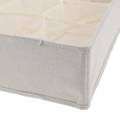 Sturdy Fabric Drawer Organizer Box With Segmented Compartments For Socks Underwear And Clothing Sorter Prime Home Setup close-up view of beige unit.
