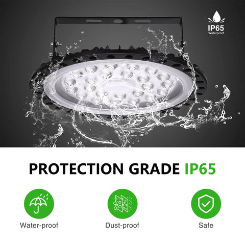 500W UFO LED High Bay Light Pro Grade 50000LM Daylight White displaying IP65 waterproof feature with water splashes