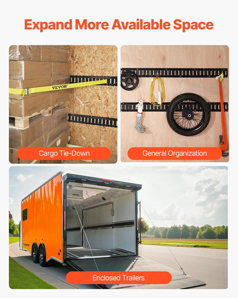 Five Foot E Track Tie Down Rail Kit With Four Rails, shown on trailer securing cargo and organizing tools, increasing space