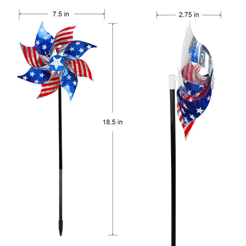 Ten Pack Reflective Pinwheels Patriotic Garden Decor With American Flag On Stick Wind Spinners And Stakes For Independence Day Memorial Day Fourth Of July Parties And Birds Repellent showing size dimensions