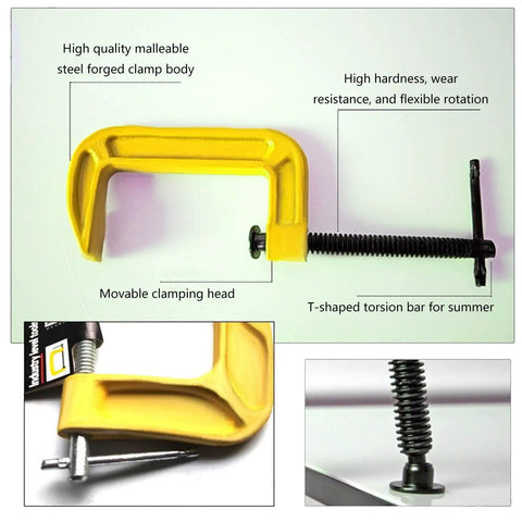 Yellow steel C shaped clamp for woodworking quick and easy clamping solution for various materials with rust resistant steel