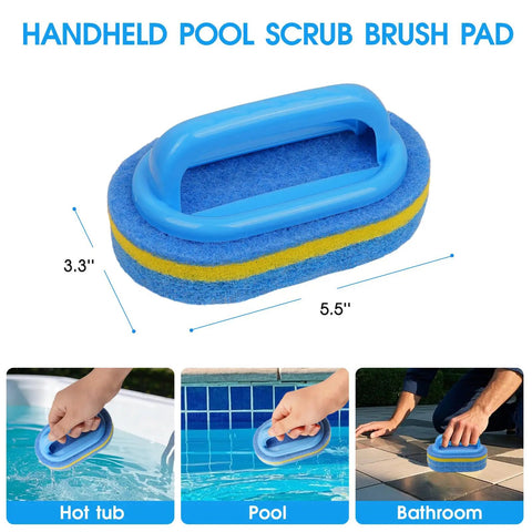 All In One 18 Inch Pool Cleaning Kit With Repairable Net And 18 Inch Round Brush 11 Inch Ultra Fine Mesh Skimmer Chlorine Floater And Handy Scrubber For Easy Debris Cleanup handheld blue pool scrub brush pad 5.5 x 3.3 in