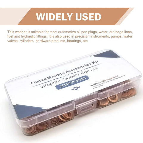 Copper Crush Washer Kit 200 Piece Assortment For Oil Drain Plugs And Gaskets Flat Ring Seals In Nine Sizes storage box
