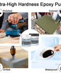 Image showing uses of 16 Oz AB Metal Epoxy Putty for fast underwater repairs on polished, colored, drilled, and waterproof surfaces.