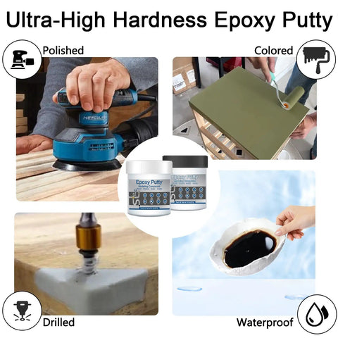 Image showing uses of 16 Oz AB Metal Epoxy Putty for fast underwater repairs on polished, colored, drilled, and waterproof surfaces.