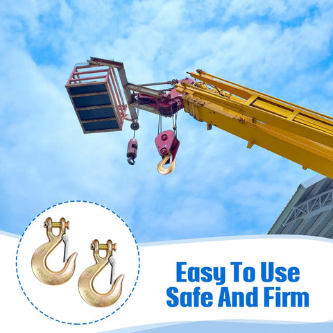 Two Pack 3/8 Inch Clevis Slip Hooks With Safety Latch Heavy Duty Drop Forged G70 Steel Grab Tools on crane rigging.