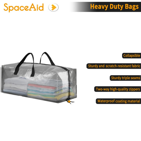 Clear see-through heavy duty moving bag with strong handles and two-way zippers, filled with folded clothes.