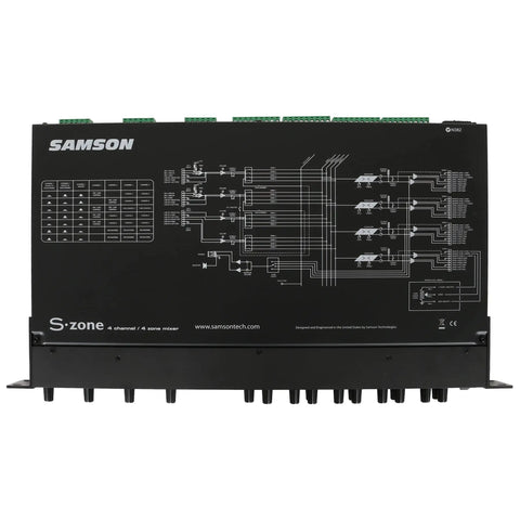 Zone Four Channel Stereo Mixer For Installations With Mic Ducking, diagram view showing connectivity on rear panel, S-zone series