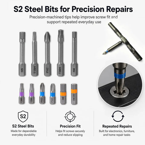 S2 steel bits from 42 In 1 Magnetic Ratcheting Screwdriver Set With T Handle Multi Bit Repair Tool Kit In Compact Case
