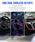 Three cars with steering wheels showing 125H Aluminum 6 Hole Short Hub Steering Wheel Adapter Kit Direct Bolt-On Base Connection