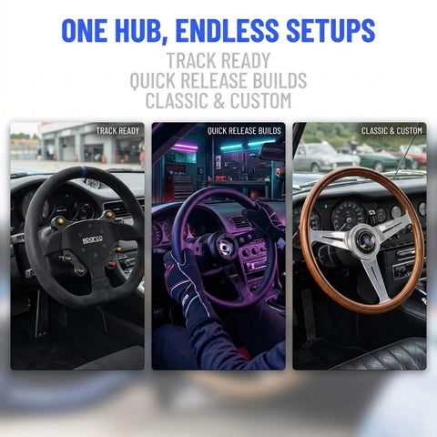 Three cars with steering wheels showing 125H Aluminum 6 Hole Short Hub Steering Wheel Adapter Kit Direct Bolt-On Base Connection