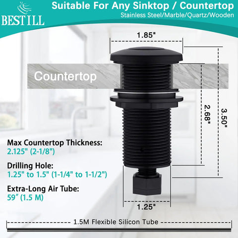 Five Foot Air Hose Sink Top Garbage Disposal Air Switch Button Matte Black Three Point Six Inch Long On Off Push Button Brass Cover Compatible With All Power Modules No Brainer Easy Install shown with dimensions and installation details