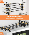 Heavy Duty Fishing Rod Rack Wall Or Ceiling Mount Set Holds Up To 10 Rods, Metal Tackle Storage Organizer With Protective Layers