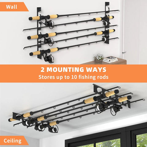 Heavy Duty Fishing Rod Rack Wall Or Ceiling Mount Set Holds Up To 10 Rods, Metal Tackle Storage Organizer With Protective Layers