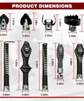 Professional Grade 10 Piece Heavy Duty Drain Snake Drill Attachment And Auger Tool Kit dimensions with sizes and materials clearly labeled.