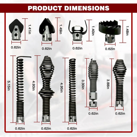 Professional Grade 10 Piece Heavy Duty Drain Snake Drill Attachment And Auger Tool Kit dimensions with sizes and materials clearly labeled.