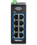 Front view of Compact Industrial 8-Port Gigabit DIN-Rail Switch Built For Rough Environments, IP30 Rated, Extreme Temperature Ready.