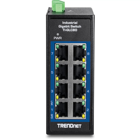 Front view of Compact Industrial 8-Port Gigabit DIN-Rail Switch Built For Rough Environments, IP30 Rated, Extreme Temperature Ready.