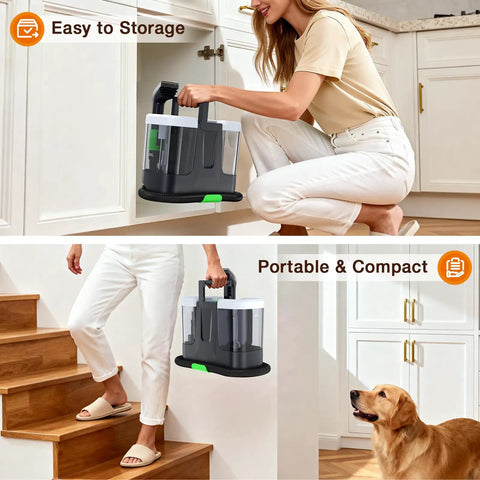 Person carrying Electric Spin Scrubber With 4 Replaceable Brush Heads And Adjustable Extension Handle, demonstrating portability.