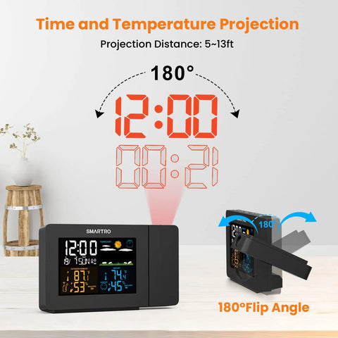 Projection Alarm Clock With Weather Station And Wireless Indoor Outdoor Thermometer For Bedroom Temperature Humidity Monitor Hygrometer Red Ceiling Projection Easy To Read Night Stand Clock displaying time and temperature projection