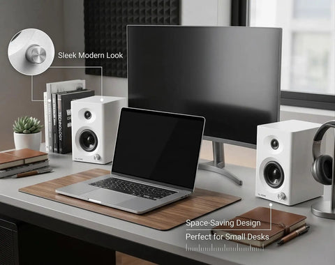 PC Speakers With Bluetooth 5.3, 3-Inch Full-Range Drivers Deliver 60W Peak, 30W RMS, Distortion-Free Stereo for Gaming and Movies, Game-Ready DSP-Tuned Audio, Crisp Highs, Punchy Mids, White Finish on a modern desk setup with laptop and monitor.
