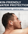Wax Ear Plugs For Sleeping And Swimming worn by man in shower, emphasizing no pressure and skin-friendly water protection.