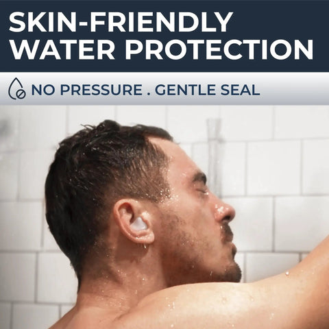 Wax Ear Plugs For Sleeping And Swimming worn by man in shower, emphasizing no pressure and skin-friendly water protection.