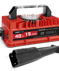 No Sweat Heavy Duty 15 Amp 48 Volt Golf Cart Battery Charger compatible with Yamaha G29 Drive, red metal casing and plug.