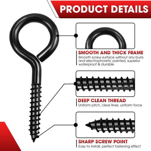 Heavy Duty Black Screw Eyes Set Of 8 3.2 Inch Self Tapping Eye Hooks for Wood and Cable Management details