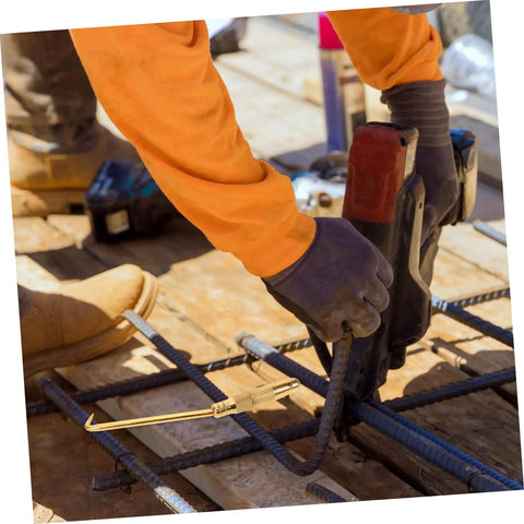 Portable Rebar Tie Tool With Non Slip Handle And Curved Hook For Quick Safe Wire Twisting On Construction Sites, shown in use.