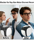 Before and after using Led Blocker Stickers For Meta Glasses, 12 Pack With Medium Adhesive showing reduced glare on frames