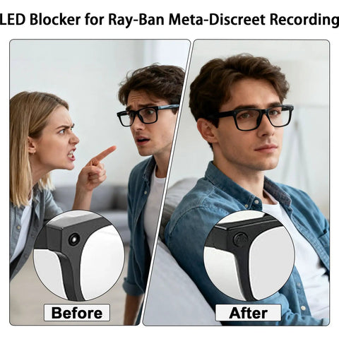 Before and after using Led Blocker Stickers For Meta Glasses, 12 Pack With Medium Adhesive showing reduced glare on frames