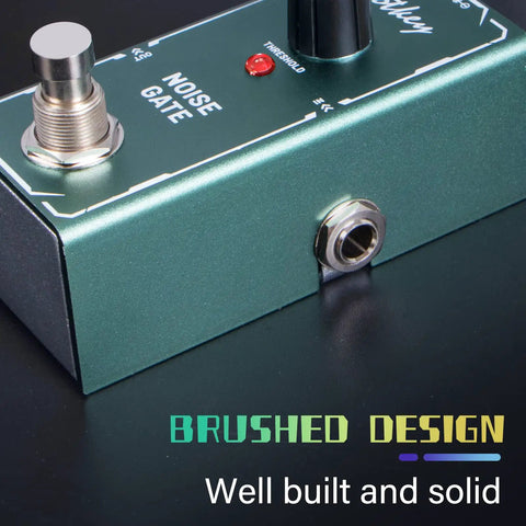 Green Noise Gate Pedal For Electric Guitars Mini Stompbox True Bypass 9V DC Power close-up showing brushed design