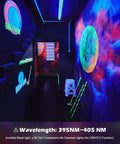 Indoor space illuminated by 100W UV flood lights showcasing glowing artwork and vibrant colors, demonstrating 395nm-405nm effect.