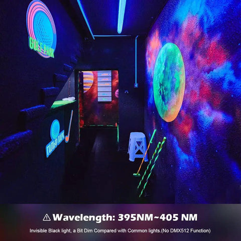 Indoor space illuminated by 100W UV flood lights showcasing glowing artwork and vibrant colors, demonstrating 395nm-405nm effect.