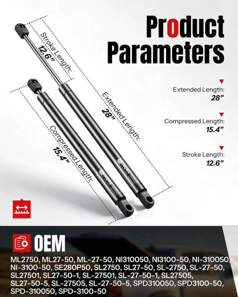 Built Tough 50 Lb Gas Struts For Tonneau Covers And Rv Beds smooth lift support, 28 inch extended length, 12.6 inch stroke.