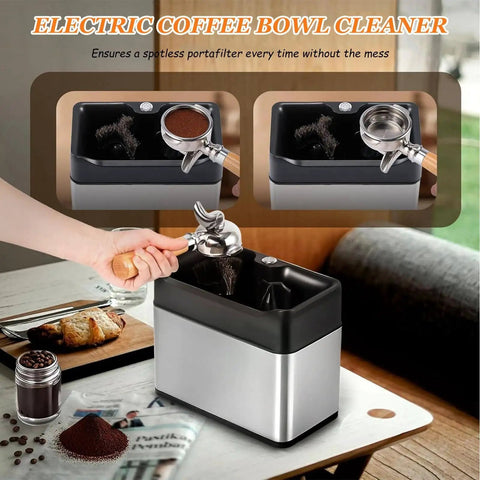 Straight Up Slick Electric Espresso Knock Box With Auto Portafilter Cleaner And Rapid Coffee Grounds Disposal Bin Keeps Your Bar Counter Spick And Span In Classic Black on a kitchen counter.