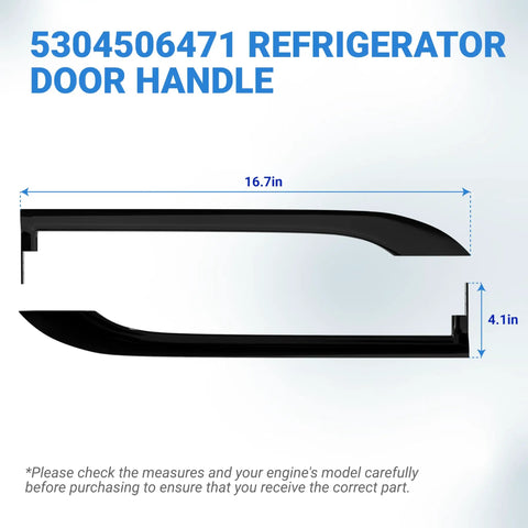 Refrigerator Door Handle Set Of 2 Replacement For 5304506471 Black Gloss Finish shown with dimensions, 16.7in x 4.1in