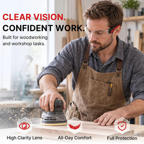 Real Deal Clear Safety Glasses For Men Bulk Pack Featuring Ansi Z87.1 Compliance Wrapping Design And Shatter Resistant Polycarbonate Lenses Delivering Heavy Duty Dust And Swarf Protection For Tradesmen And Diy Guys Out On A Job while woodworking.