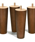 Mid Century Modern Solid Wood Furniture Legs Walnut Finish Six Inch Replacement Couch Cabinet And Dresser Legs With Mounting Plates Pack Of Four, close-up view.