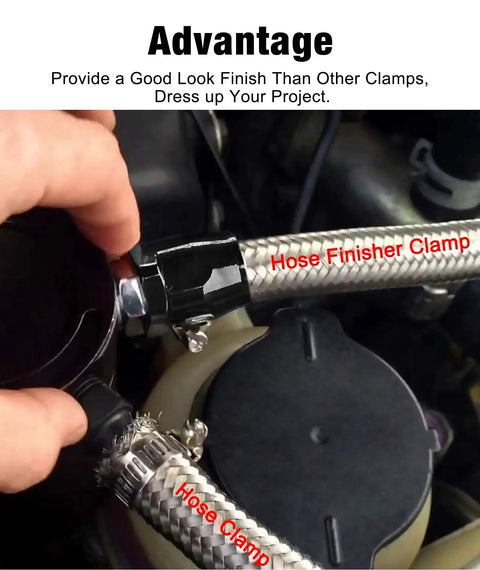 6AN Hose Finisher Clamp Aluminum Black for stainless braided and rubber hoses, adjustable 10-16 mm, in engine setup