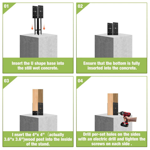 Steps to install Heavy Duty U Shaped Fence Post Anchor Ground Spike 4 x 4 In Concrete Base for Fence Railing and Pergola Posts, Black