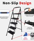 Foldable 5 Step Ladder With Handrail For Adults Beefy Yet Lightweight Anti Slip Step Stool With Wide Pedals Portable Household Ladder For Closet Bathroom Kitchen And Office Black, non-slip design