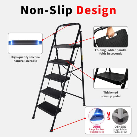 Foldable 5 Step Ladder With Handrail For Adults Beefy Yet Lightweight Anti Slip Step Stool With Wide Pedals Portable Household Ladder For Closet Bathroom Kitchen And Office Black, non-slip design