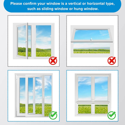Diagram showing window types for Portable Air Conditioner Window Kit With Adjustable Seal And Dope Vent Panels Sliding Exhaust Kit.