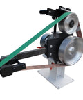 Rock Solid 2 By 71 Inch Variable Speed Belt Grinder With Three Flat And Rubber Grinding Wheels for precise knife sharpening.